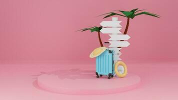 Concept travel summer with suitcase and signpost and palm tree, pink pastel background. 3d rendering photo