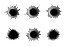 Realistic bullet holes, gun shots, metal cracks vector