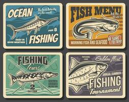 Fishing sport tackle, fish and seafood vector