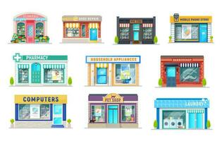 Building of shop, store, pharmacy, laundry icons vector