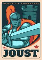 Medieval knights joust poster, heraldic warrior vector