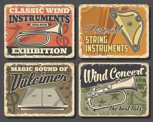 Music concert posters with orchestra instruments