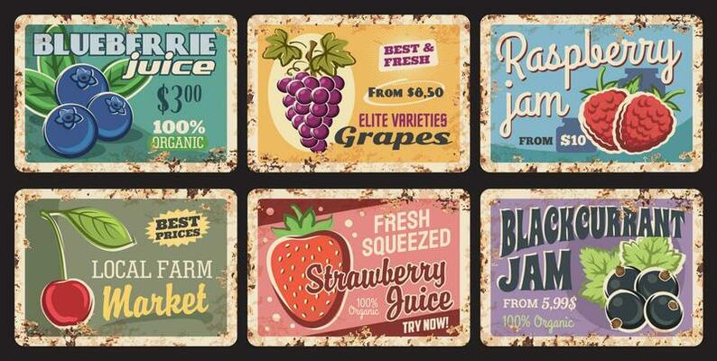 Berries natural organic retro rusty plates, market