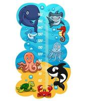 Kids height chart with sea animals, growth meter vector