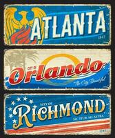 Atlanta, Orlando and Richmond american city plate vector