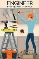 Construction engineer with work tools, engineering vector