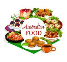 Australian cuisine food menu, meat and fish dishes vector