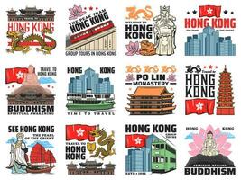 Hong Kong travel icons, landmarks vector