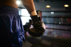 boxeo guantes ese boxeadores debe vestir cuando puñetazos en el anillo o mientras practicando, muay tailandés, tailandés marcial letras. foto