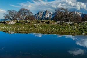 Pond where the snow-capped mountains photo