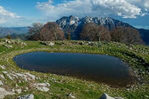 Pond where the snow-capped mountains photo