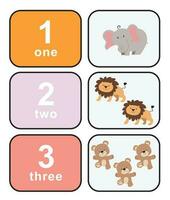 Cute colourful numbers flashcard for kids learning to count. Front and back cards with animals for happy learning kids and education in the nursery. Vector file.