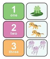 Cute colourful numbers flashcard for kids learning to count. Front and back cards with animals for happy learning kids and education in the nursery. Vector file.