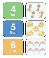 Cute colourful numbers flashcard for kids learning to count. Front and back cards with animals for happy learning kids and education in the nursery. Vector file.