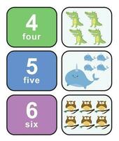 Cute colourful numbers flashcard for kids learning to count. Front and back cards with animals for happy learning kids and education in the nursery. Vector file.