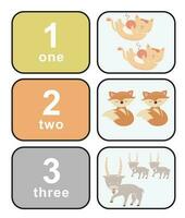 Cute colourful numbers flashcard for kids learning to count. Front and back cards with animals for happy learning kids and education in the nursery. Vector file.