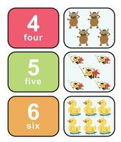 Cute colourful numbers flashcard for kids learning to count. Front and back cards with animals for happy learning kids and education in the nursery. Vector file.