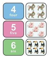 Cute colourful numbers flashcard for kids learning to count. Front and back cards with animals for happy learning kids and education in the nursery. Vector file.