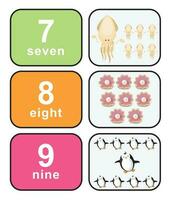 Cute colourful numbers flashcard for kids learning to count. Front and back cards with animals for happy learning kids and education in the nursery. Vector file.