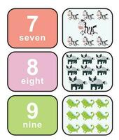 Cute colourful numbers flashcard for kids learning to count. Front and back cards with animals for happy learning kids and education in the nursery. Vector file.