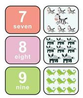 Cute colourful numbers flashcard for kids learning to count. Front and back cards with animals for happy learning kids and education in the nursery. Vector file.