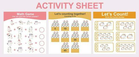 Activity sheet for children. 3 in 1 Educational printable worksheet. Mathematic worksheet for kids. Count and write activity for kids. Vector illustrations.