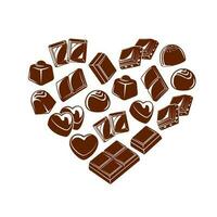 Chocolate truffles, bonbon candies and bars heart vector