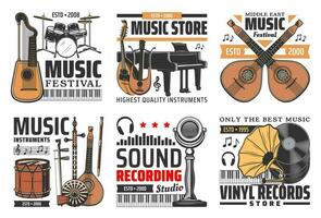 música y sonido iconos, instrumentos, registros estudio vector
