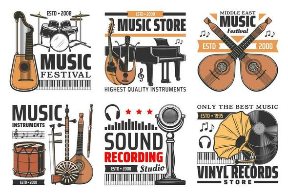 Music and sound icons, instruments, records studio