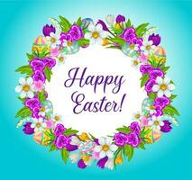 Happy Easter, eggs and flowers wreath frame vector