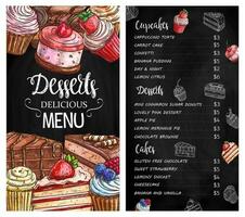 Desserts and cakes menu chalkboard sketch vector