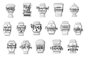 Cremation urn icons, crematory funeral service vector