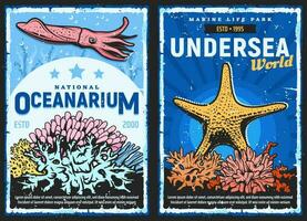 Exotic sea fishes and oceanarium retro posters vector