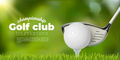 Golf club, ball on grass field, sport tournament vector