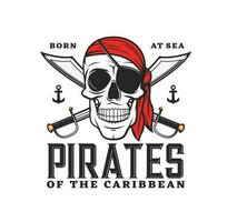 Caribbean pirates icon with skull, crossed sabers vector