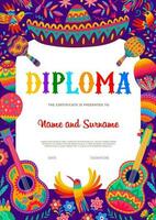 Kids diploma, Mexican sombrero, guitar and maracas vector