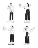 Using mobile device bw vector spot illustration set. Millennials taking selfie, call 2D cartoon flat line monochromatic characters on white for web UI design. Editable isolated outline hero image pack