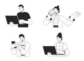 Using electronic gadgets bw vector spot illustration set. People with laptop, phone 2D cartoon flat line monochromatic characters on white for web UI design. Editable isolated outline hero image pack