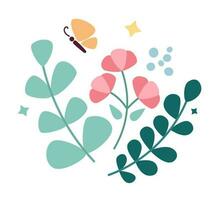 Serenity nature semi flat color vector clip art element. Greenery with flying butterfly. Blooming spring flowers. Editable icon on white. Simple cartoon style spot illustration for web graphic design