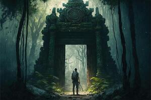 Mayan gate in the forest. Generative AI. Concept art of an explorer walking in the middle of the jungle through a secret gate. An adventurer in a green tropical rainforest discovering a secret passage photo