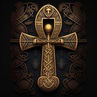 Ancient golden ankh symbol isolated on dark background. Illustration of an Egyptian cross in digital form. The ancient Egyptians used the Ankh as a symbol for eternal life. photo