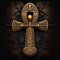 Ancient golden ankh symbol isolated on dark background. Illustration of an Egyptian cross in digital form. The ancient Egyptians used the Ankh as a symbol for eternal life. photo