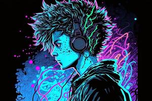 an neon gamer anime fashion boy or man wearing headphones, lost in his music. abstract background that evokes the feeling of different genres of music. banner music concept photo