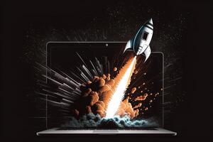 Rocket coming out of laptop screen, black background. AI digital illustration concept of ideas and start up. Generative AI photo
