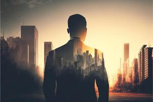 The double exposure image of the business man standing back overlay with cityscape image. The concept of modern life, business, city life and internet of things. photo