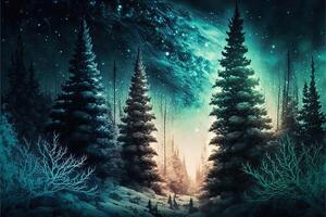 christmas decorated green spruce trees in winter forest, Abstract fantasy festive christmas tree background header wallpaper, winter abstract landscape. Sunlight in the winter forest. photo