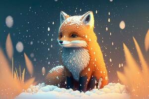Cute red fox baby cartoon dreamlike in snow, winter, Generative AI. Animal and landscape concept. photo