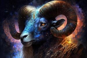 Backdrop of sacred zodiac Aries symbols, astrology, alchemy, magic, sorcery and fortune telling. digital painting. Zodiac sign Aries on the starry sky close up photo