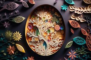 paper cut quilling multi dimensional easter egg in easter celebration, a lot of egg and small rabbit in background. Spring concept. photo