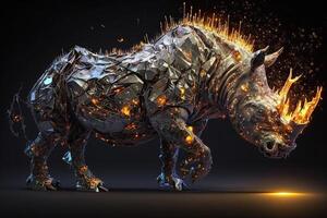 fusion of metal Rhino exploding through fire surrounded by scattered glass shards and debris, cosmic energy photo